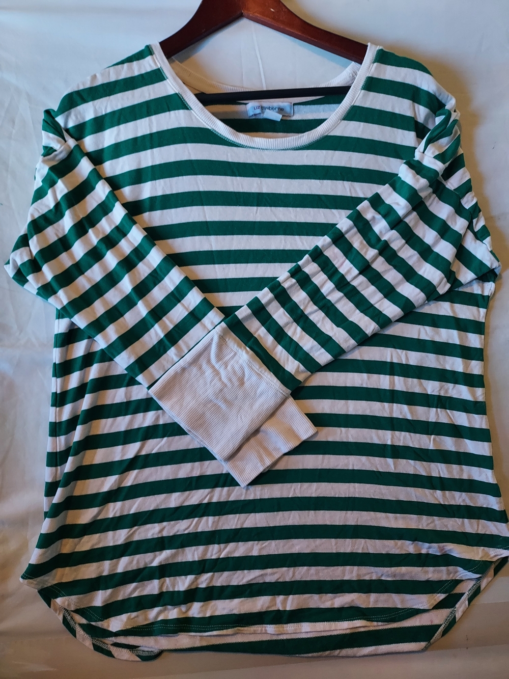 Liz Claiborne White and Green Striped Crewneck Top